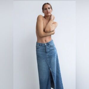 ZARA 70s Blue Cotton Denim‎ Jean Front Vent Midi Skirt Size Small